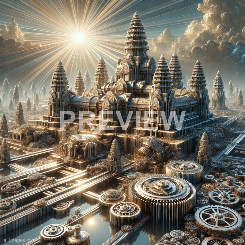The image depicts an elaborate, majestic city with intricate architectural structures resembling a blend of ancient temples and futuristic machinery. The buildings are towering with detailed spires and ornate facades, set against a dramatic sky filled with clouds and a radiant, glowing sun emitting intense rays of light. Surrounding the city are various gear-like mechanisms and water features, giving it a steampunk or sci-fi aesthetic with a metallic, reflective surface and complex design elements.